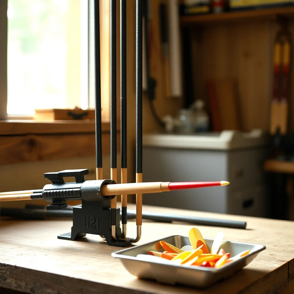 Carbon arrow shafts standing in a tube rack on a shop bench beside a fletching jig, with loose vanes and nocks in a metal tray.