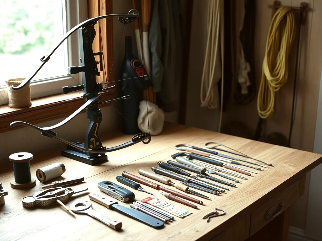 A workbench with a compound bow held in a press, hand tools laid out in a row across the bench top and coiled bowstrings hanging on the wall behind.