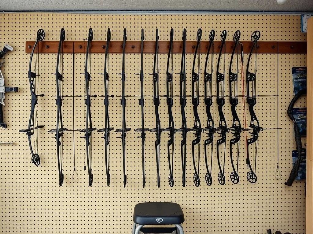 A pegboard wall in a small shop hung with a row of a dozen compound bows, a folding step stool on the floor below.