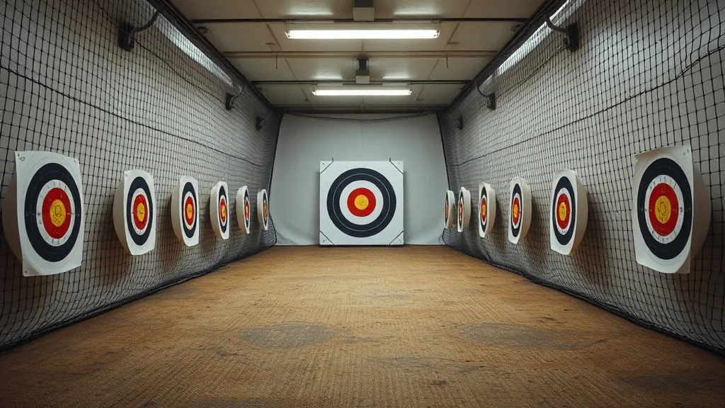 A twenty yard indoor lane with target faces down both walls, netting on the side walls and foam butts at the far end.